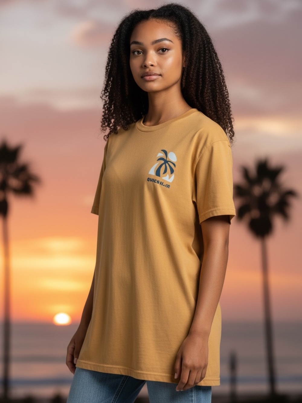 Quicksilver Graphic Tee Tan Mustard Palm Tree Logo Large
